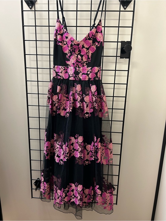 Christian Siriano Dresses & Skirts - Christian Siriano Midi Dress with Pink Floral Embroidery on Black Tulle